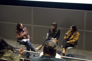 Three UndocuCarolina members discussing the "Rocio" documentary screening at UNC
