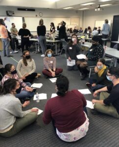 A group of people sitting in a circle discussing a scenario during an UndocuCarolina/LatinxEd Educators Training